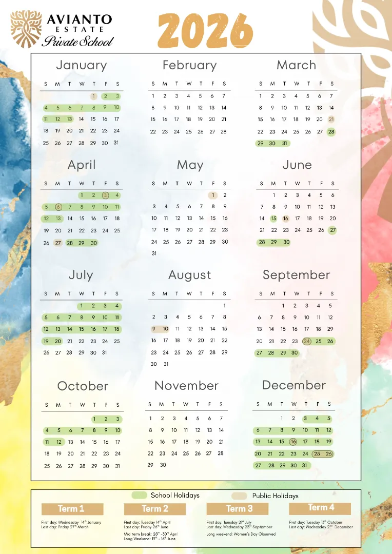 Avianto Estate Private School Calendar 2026